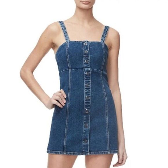 Good American Snap To It Button Front Denim Dress - Picture 1 of 8